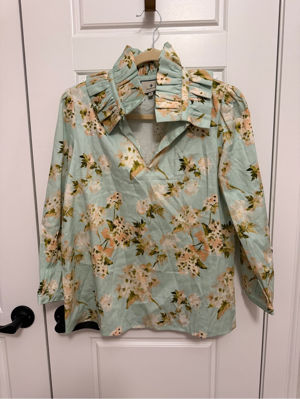 Tuckernuck Light Aqua Floral Ruffle-Collar Blouse